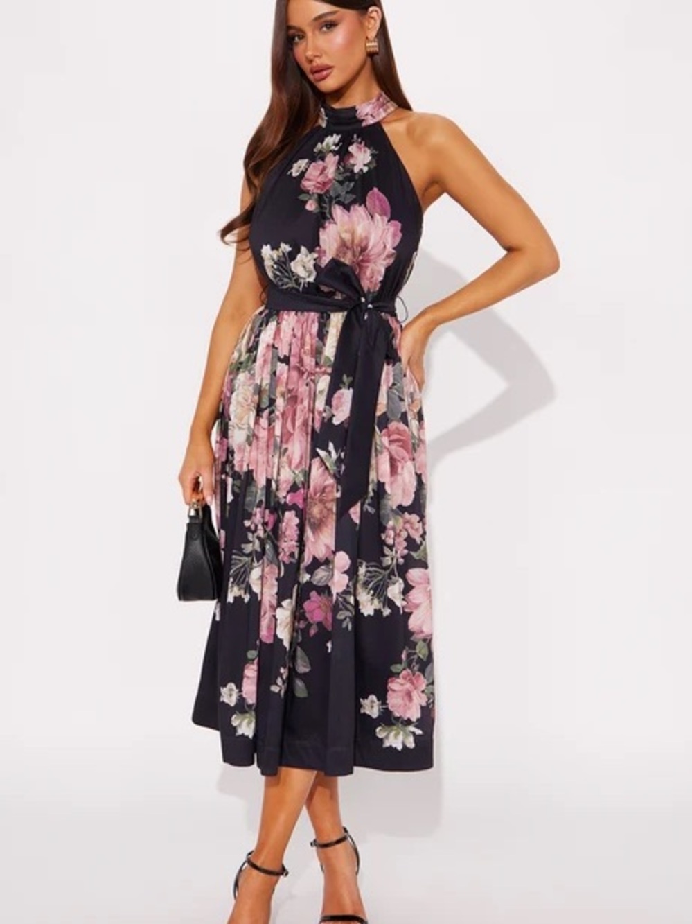Halter Neck Floral Print Midi Dress in Black and Pink